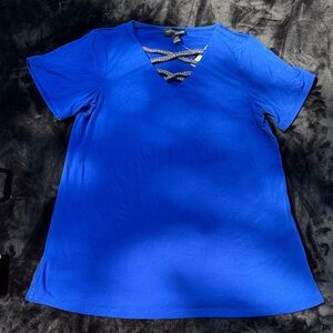 Antthony Blue Short Sleeve Tee with gold metallic criss cross neck details